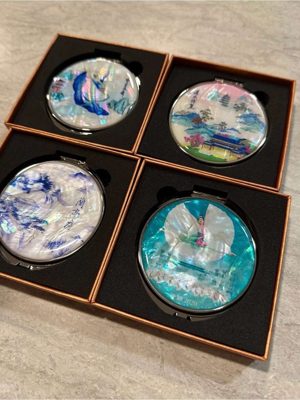 Compact Mirror Set with Blue and Teal Mother-of-Pearl Inlay